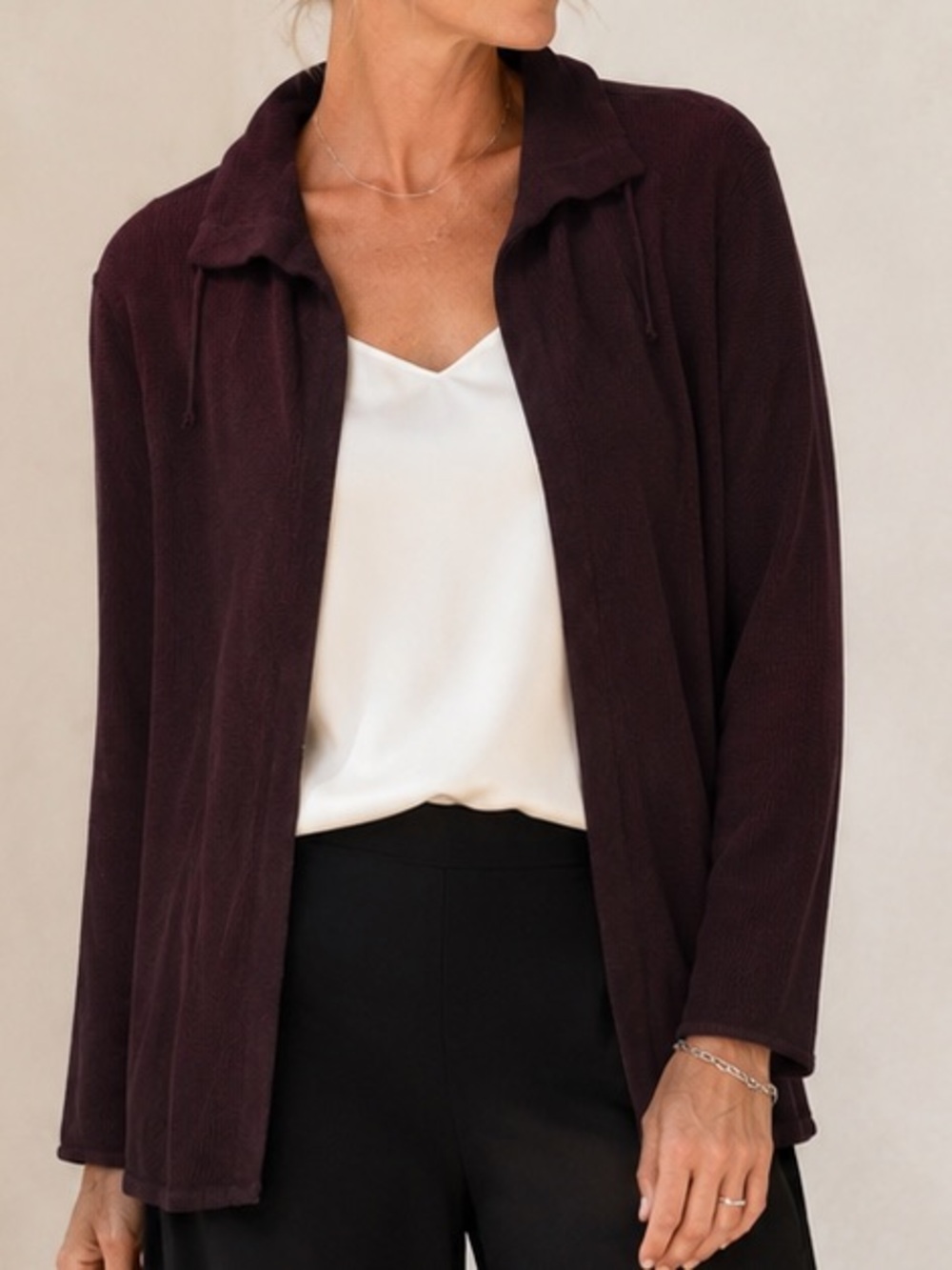 Eileen Fisher Organic Cotton Lagenlook Snap Front Aubergine Cardigan, Size Large